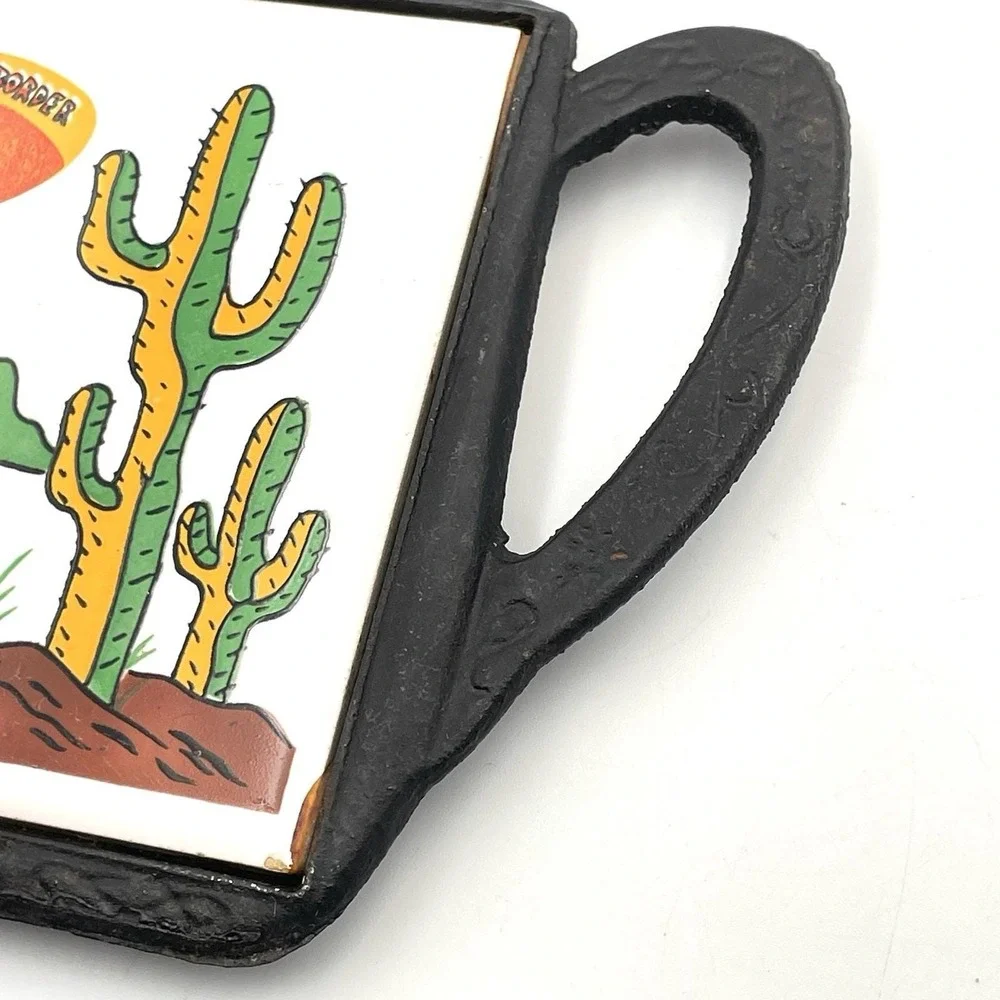 Vintage‎ 1970s Cast Iron Teapot Trivet Mexican Cactus Tile South of the Border